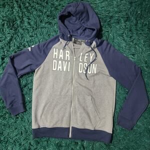 Harley Davidson Zip Hoodie Gray Navy Colorblock Fleece Lined Size M USA